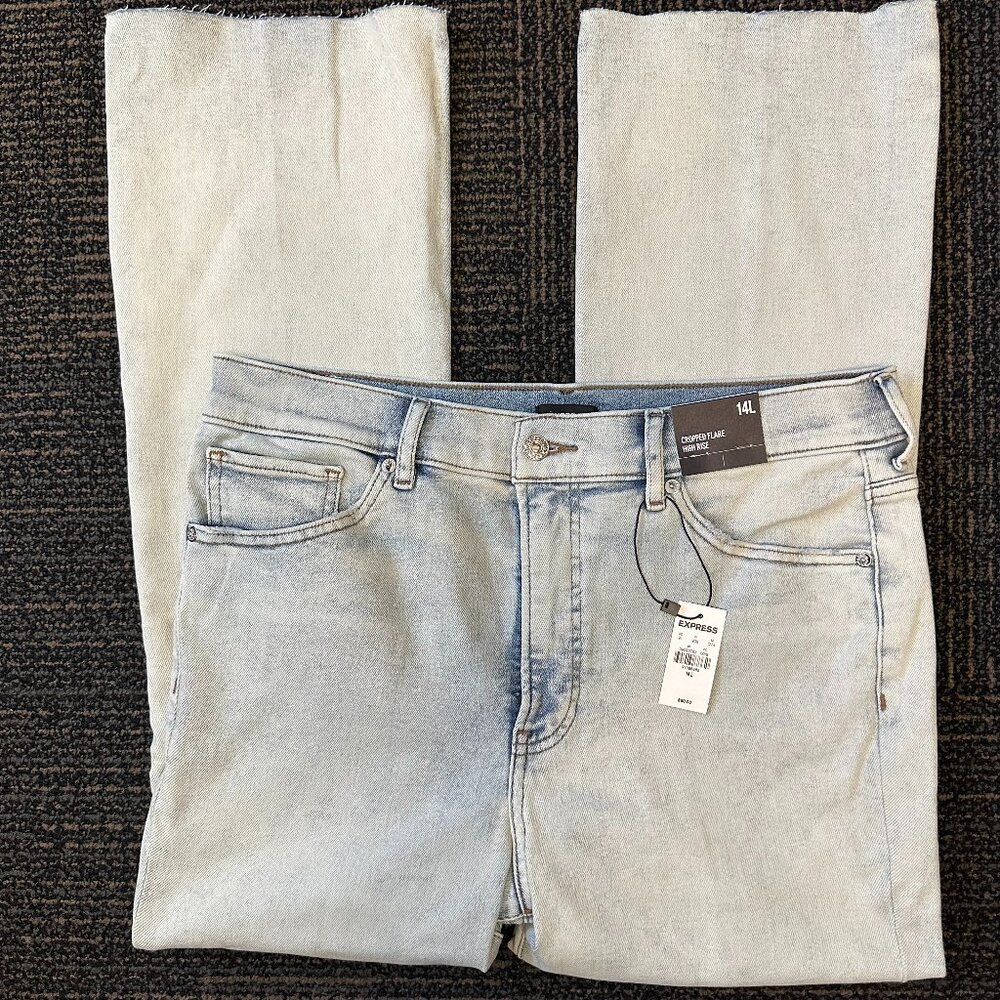 Express High Waisted Light Wash Raw Hem Cropped Flare Jeans